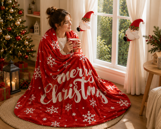 Christmas Flannel Throw Blanket and Santa Curtain Tieback Set, 150x200cm Thick Fleece Sofa Blanket with 2 V888-ELOSUNG54137