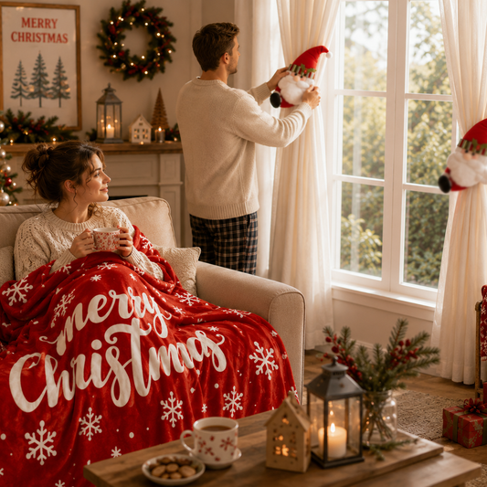 Christmas Flannel Throw Blanket and Santa Curtain Tieback Set, 150x200cm Thick Fleece Sofa Blanket with 2 V888-ELOSUNG54137