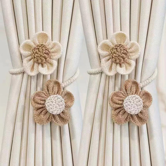 Beige-Brown Rustic Flower Curtain Tiebacks Set of 2, Handcrafted Fabric Daisy Curtain Holdbacks, No Drill V888-ELOSUNG54144