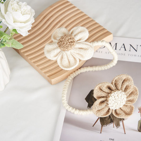 Beige-Brown Rustic Flower Curtain Tiebacks Set of 2, Handcrafted Fabric Daisy Curtain Holdbacks, No Drill V888-ELOSUNG54144