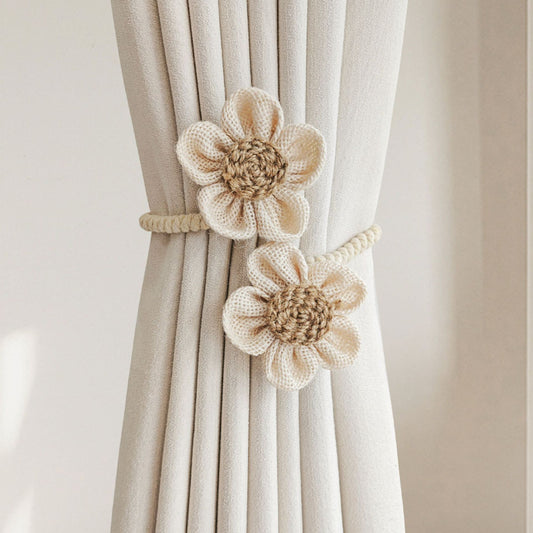Beige Rustic Flower Curtain Tiebacks Set of 2, Handcrafted Fabric Daisy Curtain Holdbacks, No Drill Flexible V888-ELOSUNG54145