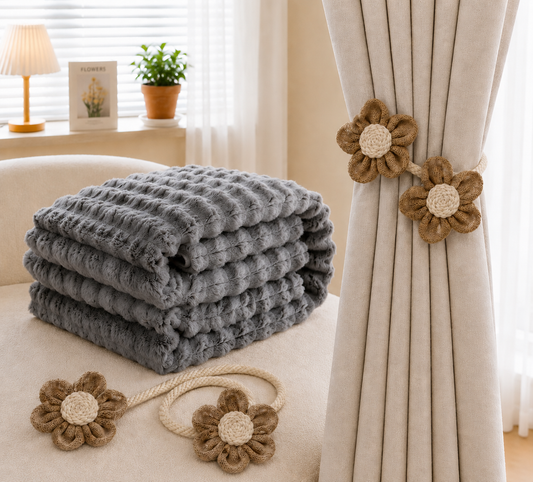 Grey Luxury Bubble Fleece Throw Blanket 180x200cm Sofa Couch Bed Blanket with FREE Pair of Flower Curtain V888-ELOSUNG54154