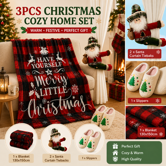 Christmas Home Comfort Set with Flannel Throw Blanket 130x150cm, Plush Indoor Slippers AU 4-5 and Santa V888-ELOSUNG54159