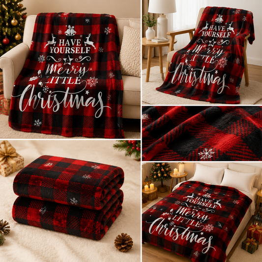 Christmas Home Comfort Set with Flannel Throw Blanket 130x150cm, Plush Indoor Slippers AU 8-9 and Snowman V888-ELOSUNG54168