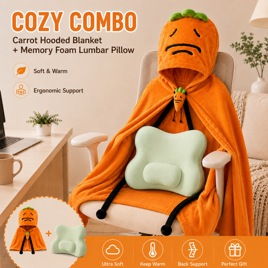 Carrot Hooded Blanket with Grey-green Memory Foam Lumbar Support Pillow, Cozy Wearable Throw Blanket and V888-ELOSUNG54178