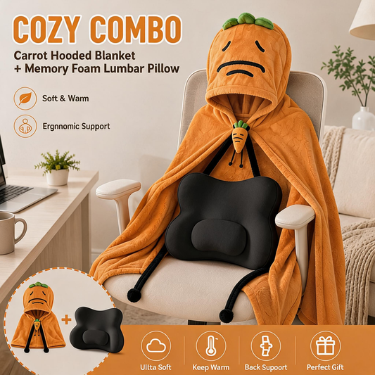 Carrot Hooded Blanket with Black Memory Foam Lumbar Support Pillow, Cozy Wearable Throw Blanket and Ergonomic V888-ELOSUNG54179
