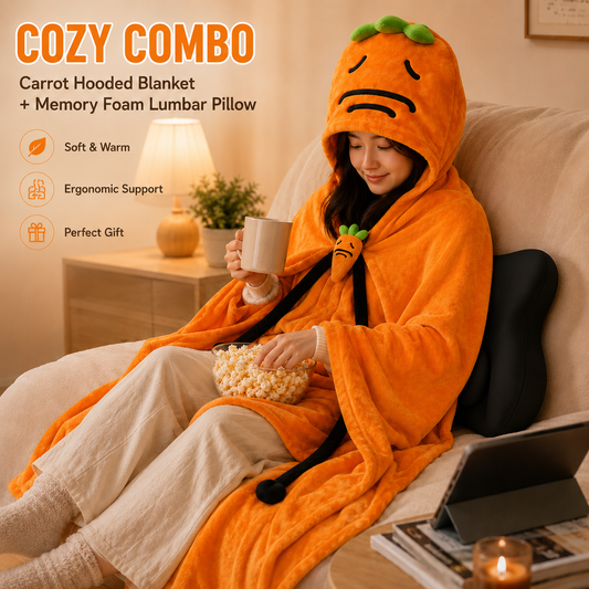 Carrot Hooded Blanket with Black Memory Foam Lumbar Support Pillow, Cozy Wearable Throw Blanket and Ergonomic V888-ELOSUNG54179