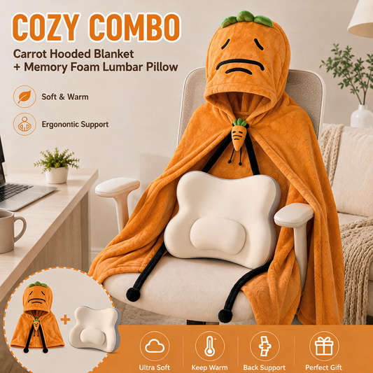 Carrot Hooded Blanket with Beige-grey Memory Foam Lumbar Support Pillow, Cozy Wearable Throw Blanket and V888-ELOSUNG54181