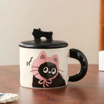 Pink Cute Cat Ceramic Mug with Lid 360ml, Kawaii Coffee Cup Gift Set for Home Office Tea Cocoa and Hot Drinks V888-ELOSUNG54185