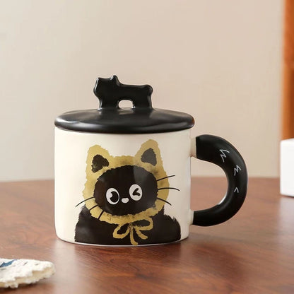 Yellow Cute Cat Ceramic Mug with Lid 360ml, Kawaii Coffee Cup Gift Set for Home Office Tea Cocoa and Hot V888-ELOSUNG54186