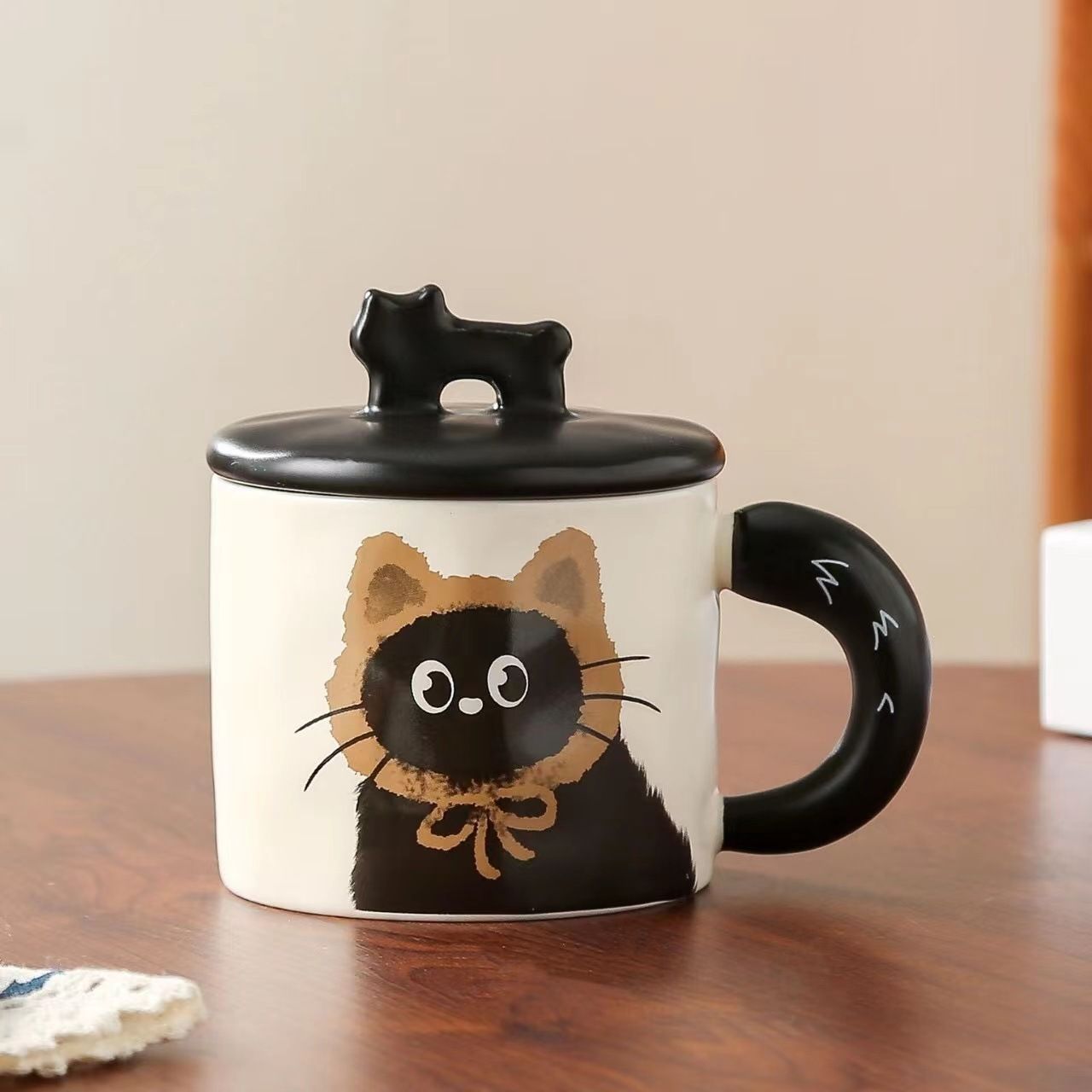 Brown Cute Cat Ceramic Mug with Lid 360ml, Kawaii Coffee Cup Gift Set for Home Office Tea Cocoa and Hot Drinks V888-ELOSUNG54187