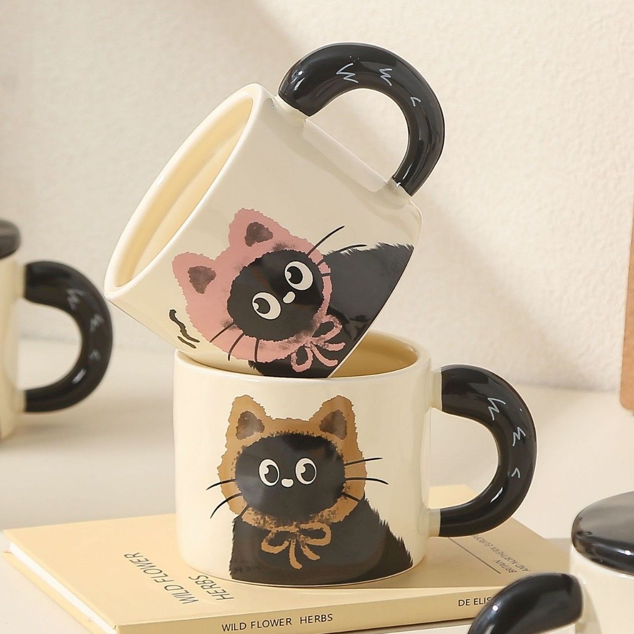 Brown Cute Cat Ceramic Mug with Lid 360ml, Kawaii Coffee Cup Gift Set for Home Office Tea Cocoa and Hot Drinks V888-ELOSUNG54187