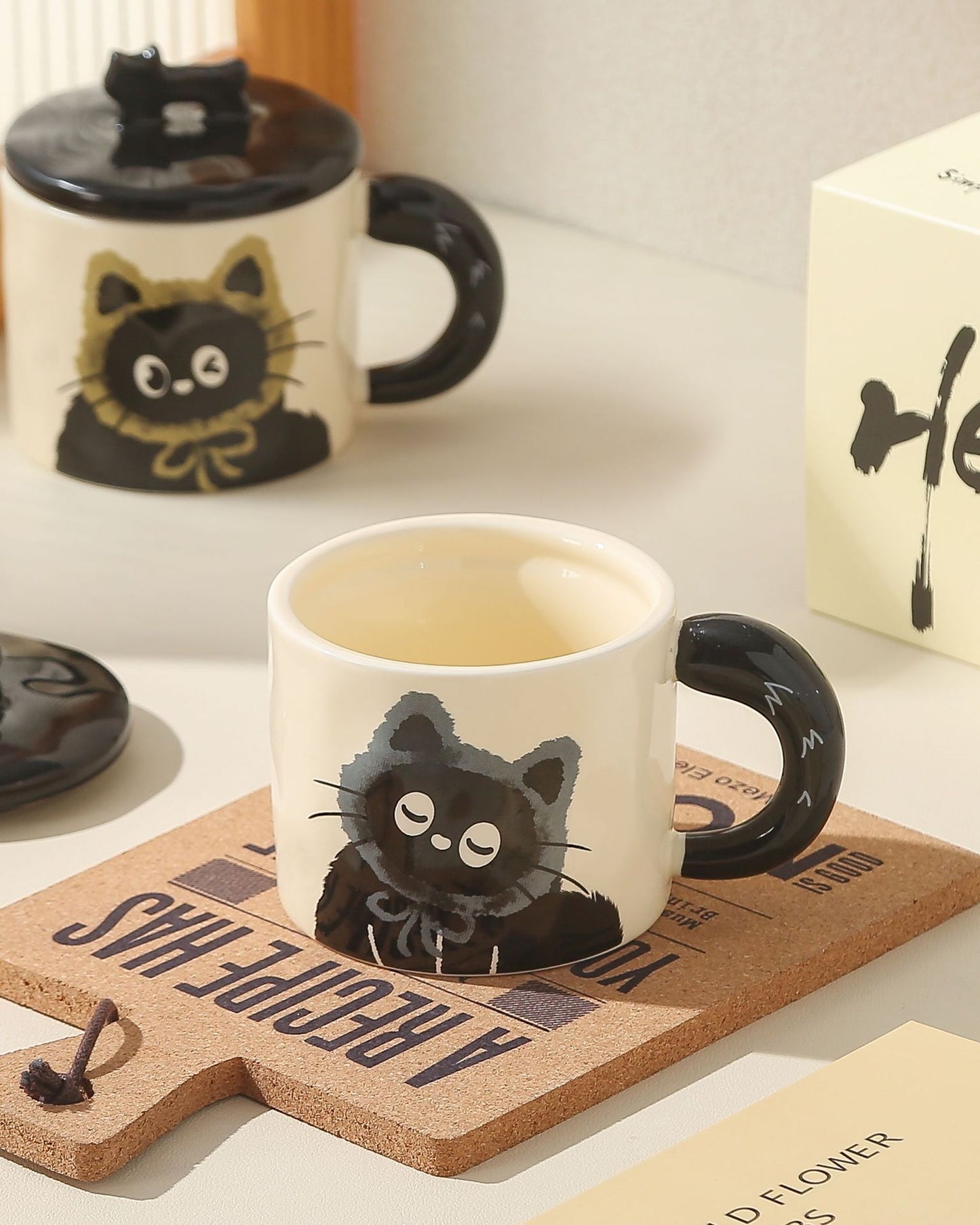Blue Cute Cat Ceramic Mug with Lid 360ml, Kawaii Coffee Cup Gift Set for Home Office Tea Cocoa and Hot Drinks V888-ELOSUNG54188