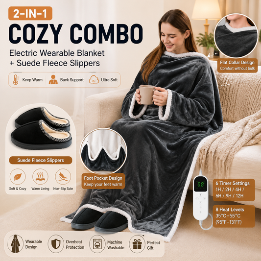 Wearable Electric Heated Blanket with Foot Pocket 127x177cm and Suede Fleece Slippers Set AU 9-10, Winter V888-ELOSUNG54192