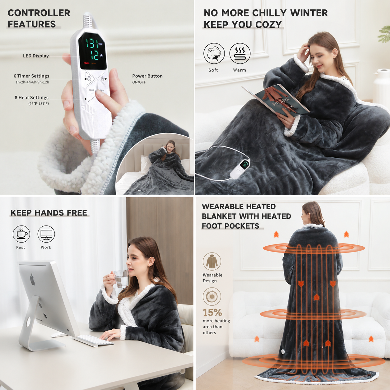 Wearable Electric Heated Blanket with Sleeves and Foot Pocket 127x177cm Smart Temperature Control Throw V888-ELOSUNG54195