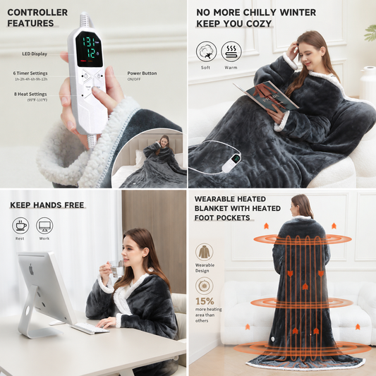 Wearable Electric Heated Blanket with Sleeves and Foot Pocket 127x177cm Smart Temperature Control Throw V888-ELOSUNG54195