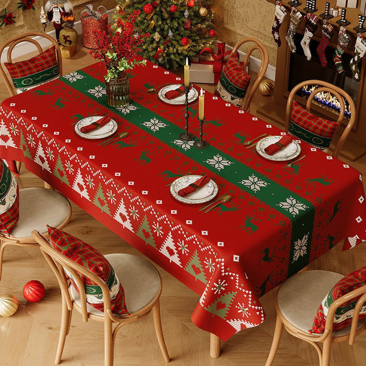 Christmas Waterproof Tablecloth (Reindeer Design) 140 x 200cm - Red festive dining tablecloth; oil-resistant V888-ELOSUNG54206