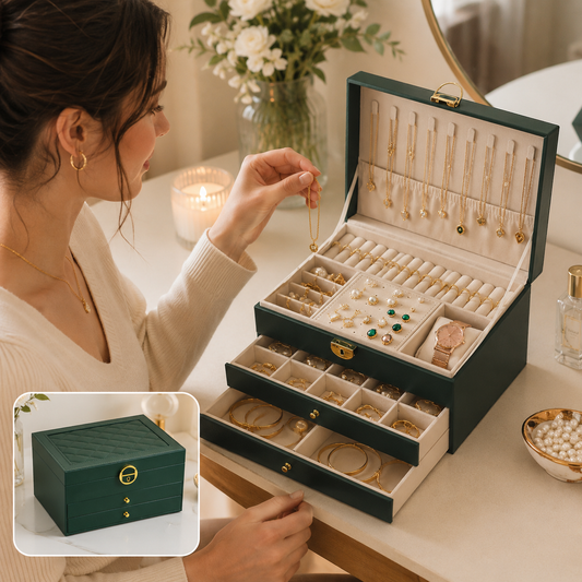 Dark Green Large Lockable Jewellery Box with 3 Drawers PU Leather Jewellery Organiser Case for Rings Earrings V888-ELOSUNG54210