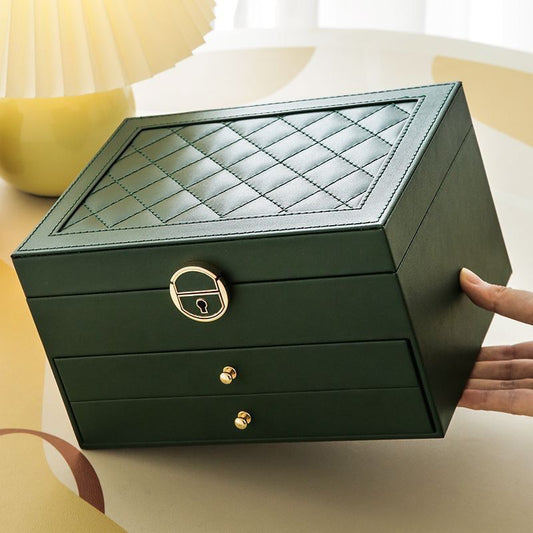 Dark Green Large Lockable Jewellery Box with 3 Drawers PU Leather Jewellery Organiser Case for Rings Earrings V888-ELOSUNG54210