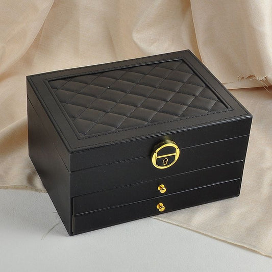 Black Large Lockable Jewellery Box with 3 Drawers PU Leather Jewellery Organiser Case for Rings Earrings V888-ELOSUNG54211