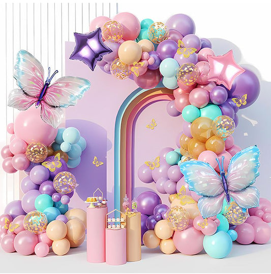 118pcs Birthday Party Balloon Kit, Pastel & Pink Themed Balloon Arch, Butterfly Decorations for Event & V888-ELOSUNG54218