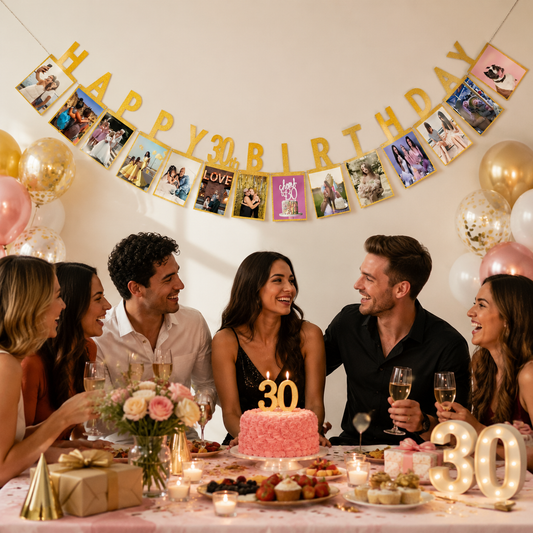 30th Birthday Photo Banner Garland, Gold Happy Birthday Photo Display Banner, DIY Party Backdrop Decoration V888-ELOSUNG54220