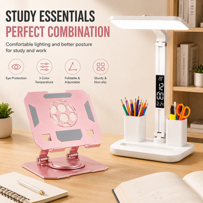 Pink 360 Degree Rotating Tablet Stand and Foldable LED Desk Lamp Study Set Adjustable Reading Light with V888-ELOSUNG54235