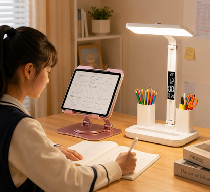 Pink 360 Degree Rotating Tablet Stand and Foldable LED Desk Lamp Study Set Adjustable Reading Light with V888-ELOSUNG54235