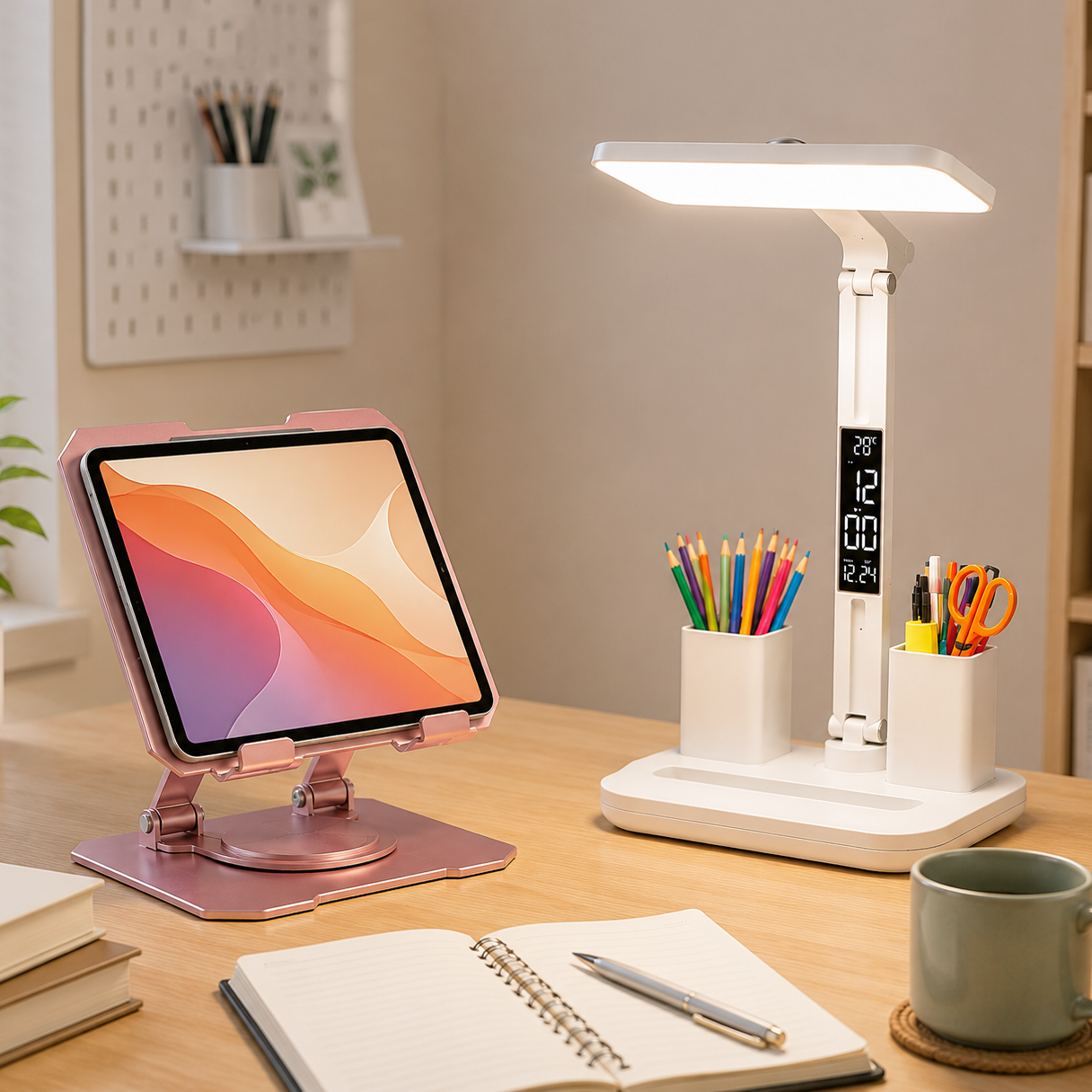 Pink 360 Degree Rotating Tablet Stand and Foldable LED Desk Lamp Study Set Adjustable Reading Light with V888-ELOSUNG54235