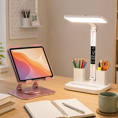 Pink 360 Degree Rotating Tablet Stand and Foldable LED Desk Lamp Study Set Adjustable Reading Light with V888-ELOSUNG54235