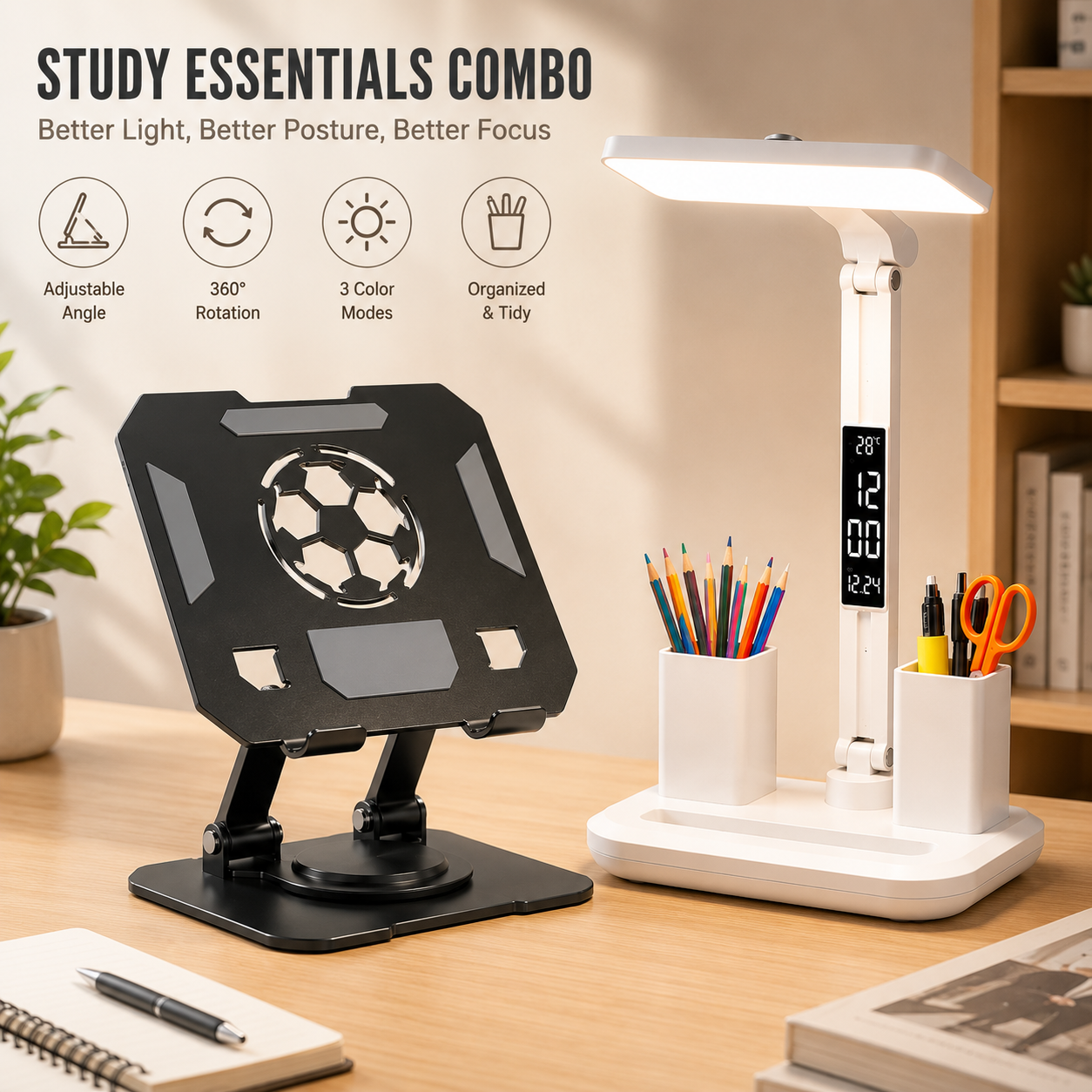 Black 360 Degree Rotating Tablet Stand and Foldable LED Desk Lamp Study Set Adjustable Reading Light with V888-ELOSUNG54236
