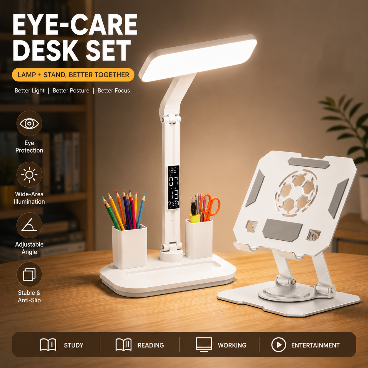 White 360 Degree Rotating Tablet Stand and Foldable LED Desk Lamp Study Set Adjustable Reading Light with V888-ELOSUNG54237