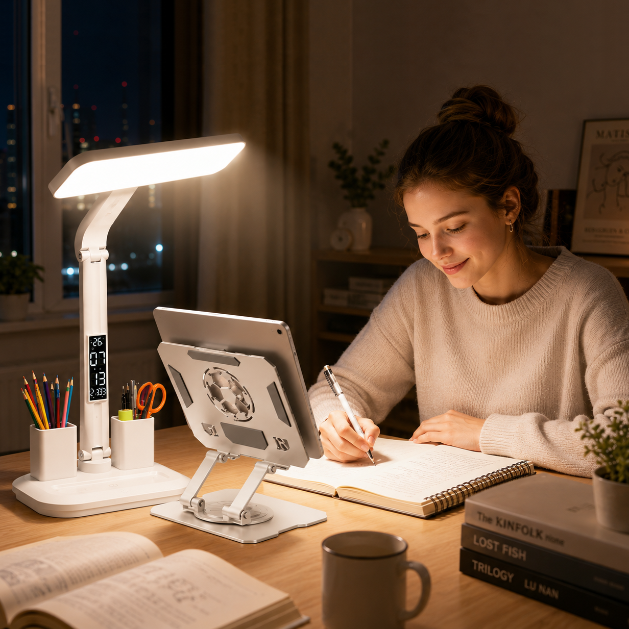 White 360 Degree Rotating Tablet Stand and Foldable LED Desk Lamp Study Set Adjustable Reading Light with V888-ELOSUNG54237