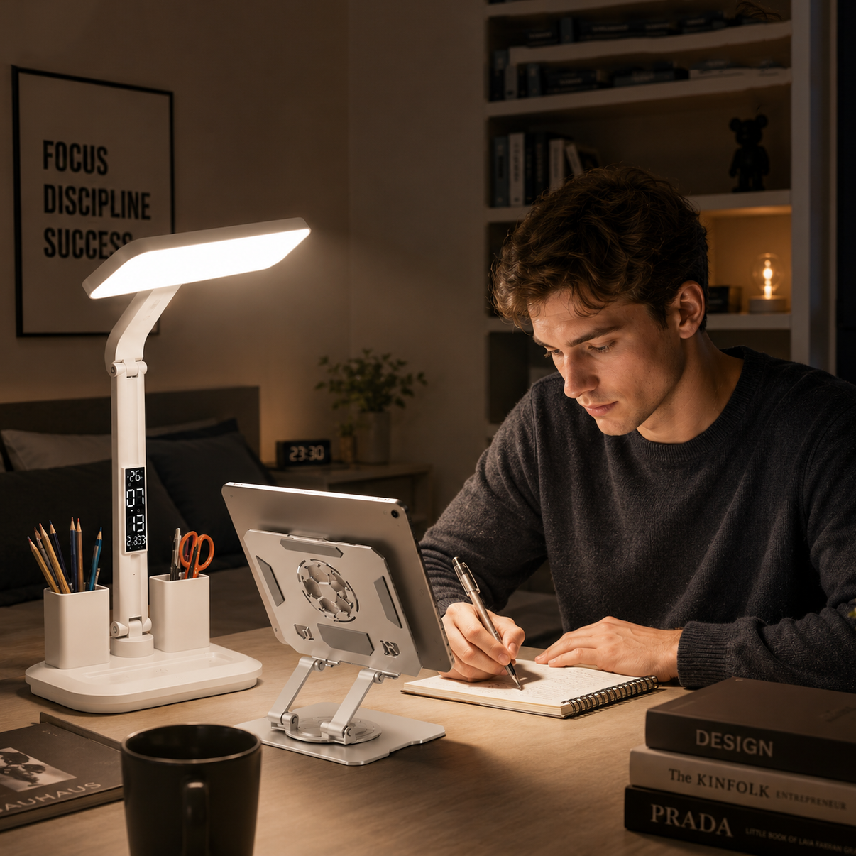 White 360 Degree Rotating Tablet Stand and Foldable LED Desk Lamp Study Set Adjustable Reading Light with V888-ELOSUNG54237