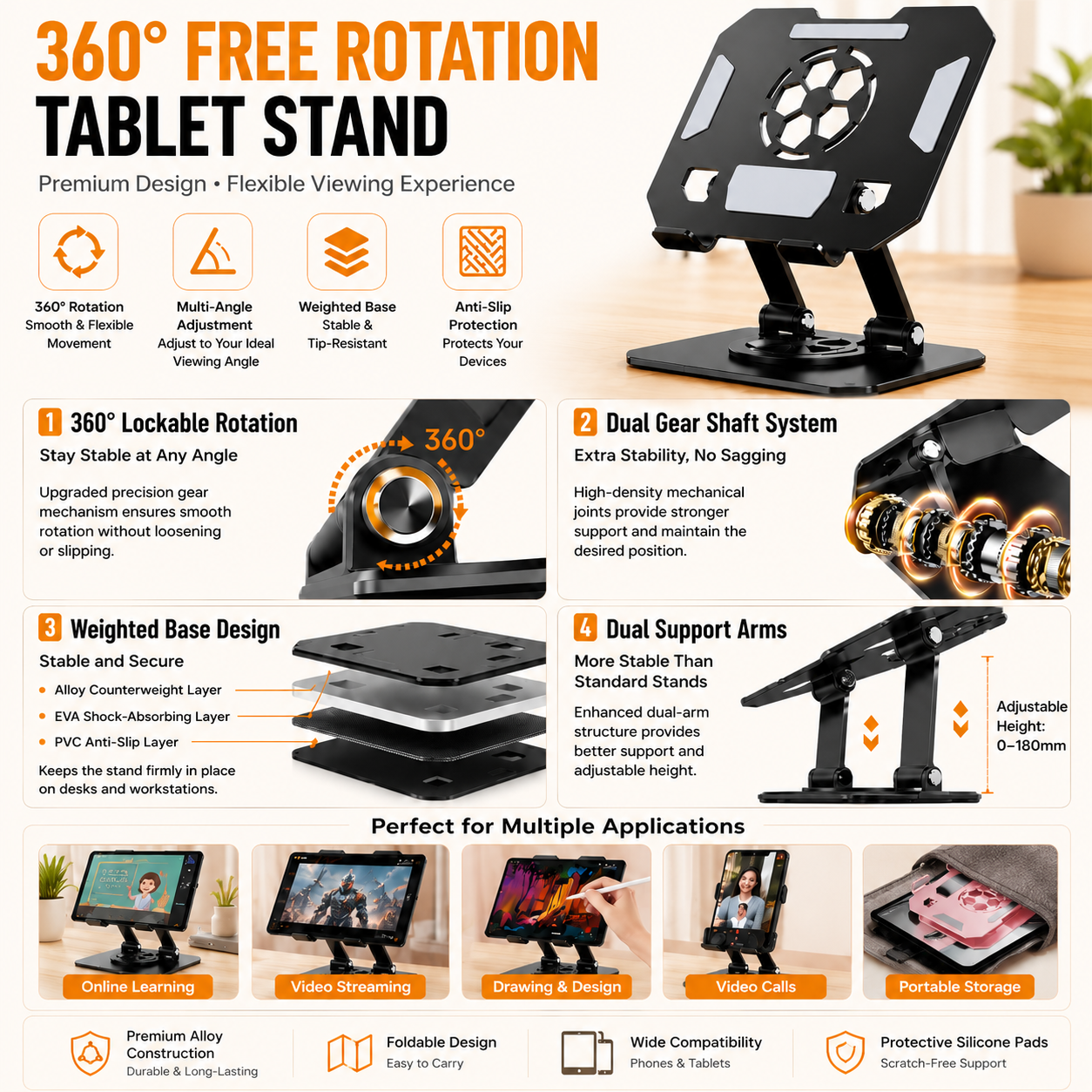 Pink 360 Degree Rotating Tablet and Phone Stand Adjustable Desktop Holder Foldable Aluminium Alloy Device V888-ELOSUNG54238
