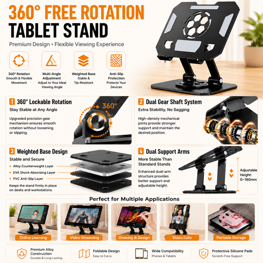 Black 360 Degree Rotating Tablet and Phone Stand Adjustable Desktop Holder Foldable Aluminium Alloy Device V888-ELOSUNG54239