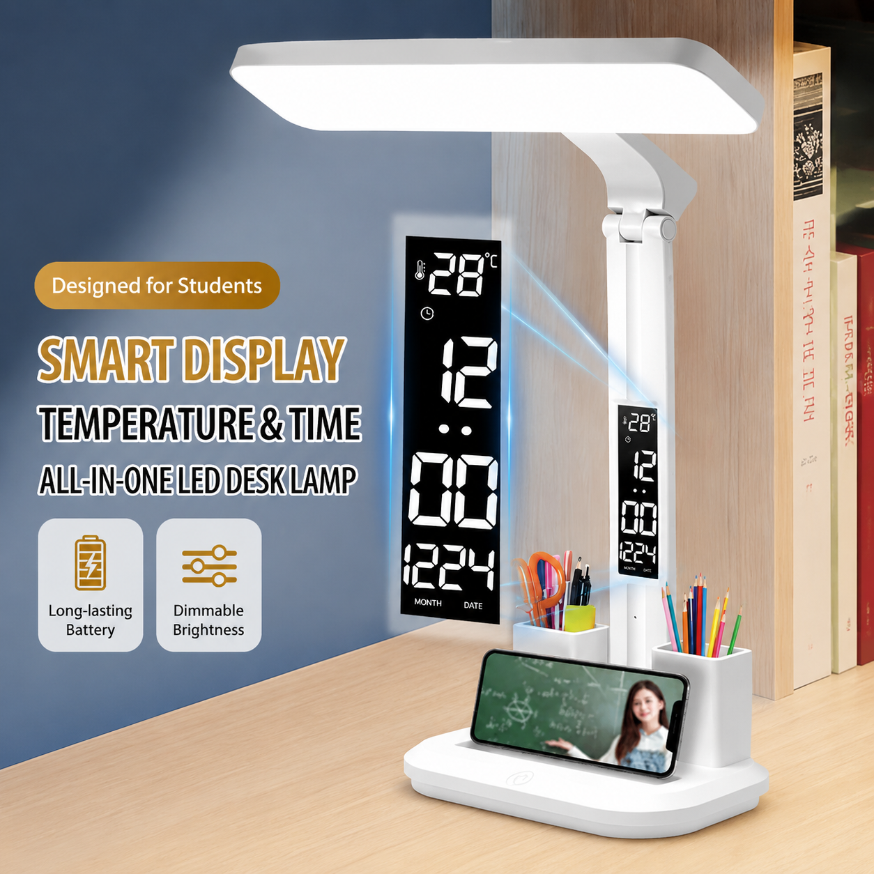 LED Desk Lamp with Digital Clock Temperature Display Pen Holder and Phone Stand Foldable Eye Caring Study V888-ELOSUNG54241
