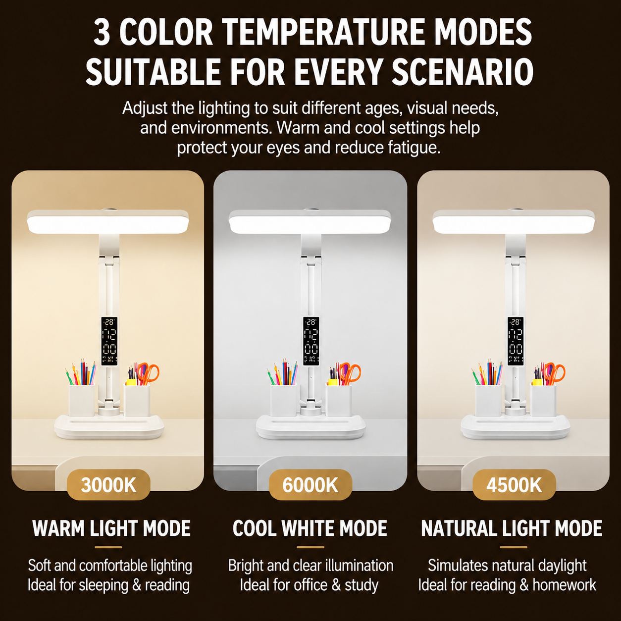LED Desk Lamp with Digital Clock Temperature Display Pen Holder and Phone Stand Foldable Eye Caring Study V888-ELOSUNG54241
