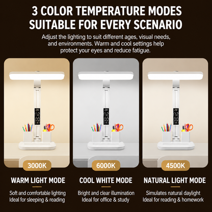 LED Desk Lamp with Digital Clock Temperature Display Pen Holder and Phone Stand Foldable Eye Caring Study V888-ELOSUNG54241