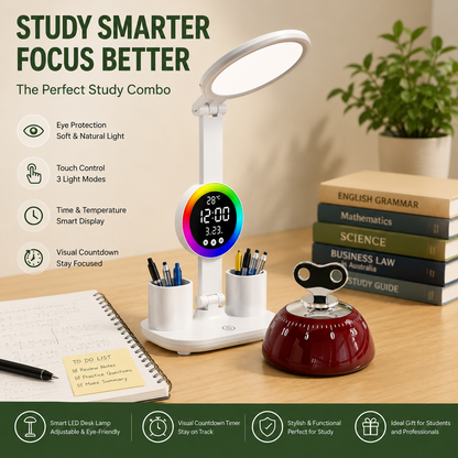 Study Smarter Bundle LED Reading Lamp with Smart Display Pen Holders & Red Magnetic Countdown Timer V888-ELOSUNG54242