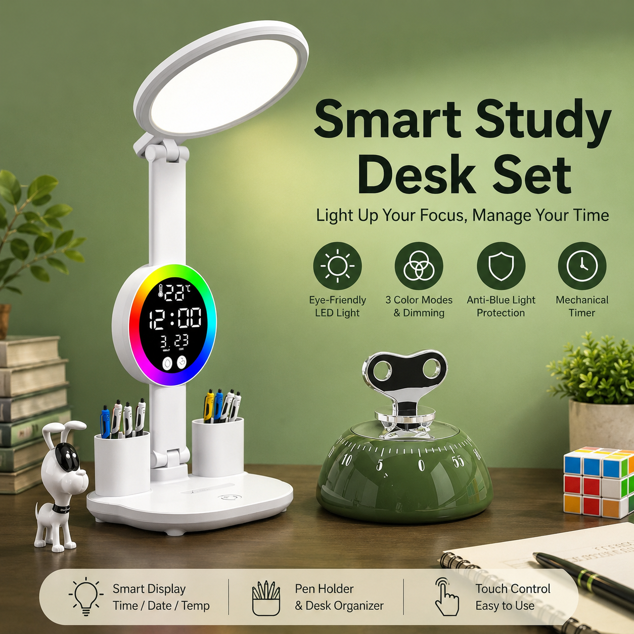 Study Smarter Bundle LED Reading Lamp with Smart Display Pen Holders & Green Magnetic Countdown Timer V888-ELOSUNG54243