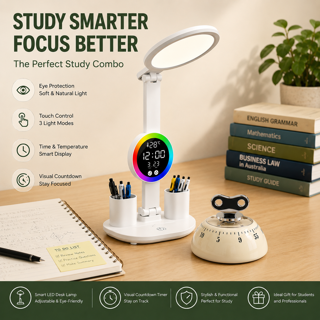 Study Smarter Bundle LED Reading Lamp with Smart Display Pen Holders & White Magnetic Countdown Timer V888-ELOSUNG54244