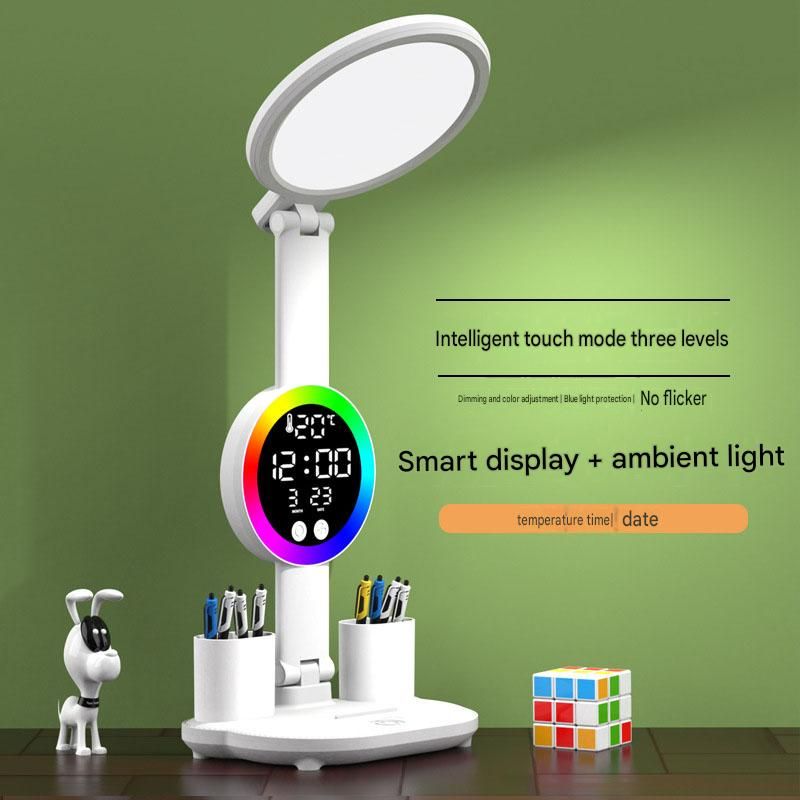 LED Foldable Eye-Caring Reading Desk Lamp with Smart Clock Display, USB Rechargeable Study Light, Pen Holders V888-ELOSUNG54245