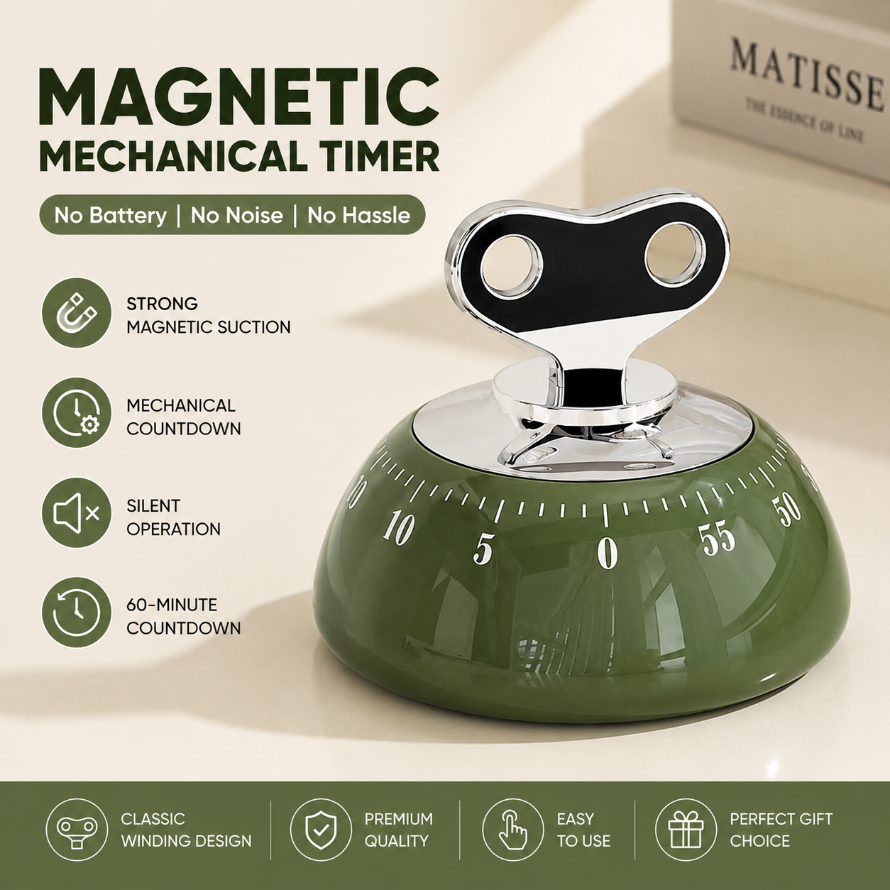 Green 60-Minute Magnetic Mechanical Kitchen Timer Countdown Clock for Cooking, Study, Productivity and Time V888-ELOSUNG54246