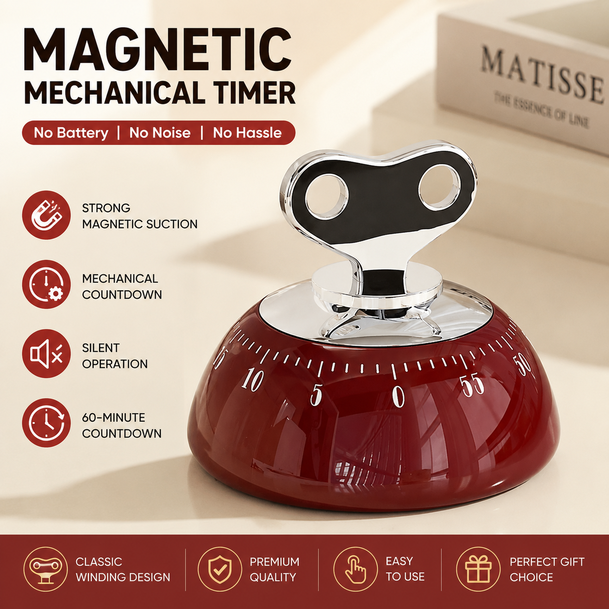 Red 60-Minute Magnetic Mechanical Kitchen Timer Countdown Clock for Cooking, Study, Productivity and Time V888-ELOSUNG54247