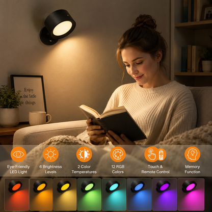 Magnetic RGB LED Wall Light Rechargeable Bedside Reading Lamp 360 degrees Adjustable Wall Sconce with Remote V888-ELOSUNG54252