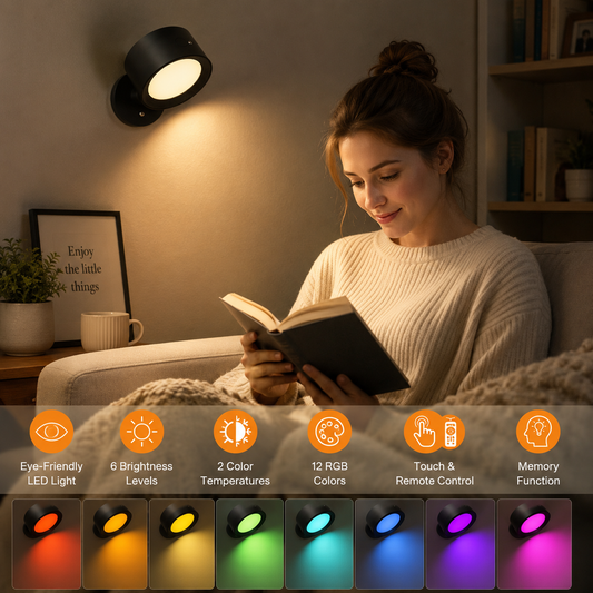 Magnetic RGB LED Wall Light Rechargeable Bedside Reading Lamp 360 degrees Adjustable Wall Sconce with Remote V888-ELOSUNG54252