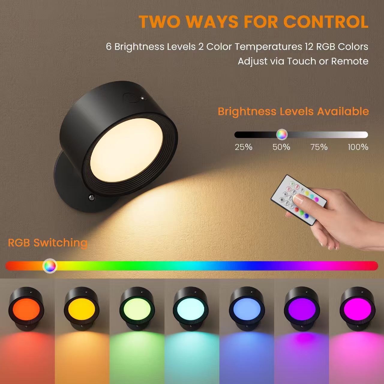 Magnetic RGB LED Wall Light Rechargeable Bedside Reading Lamp 360 degrees Adjustable Wall Sconce with Remote V888-ELOSUNG54252