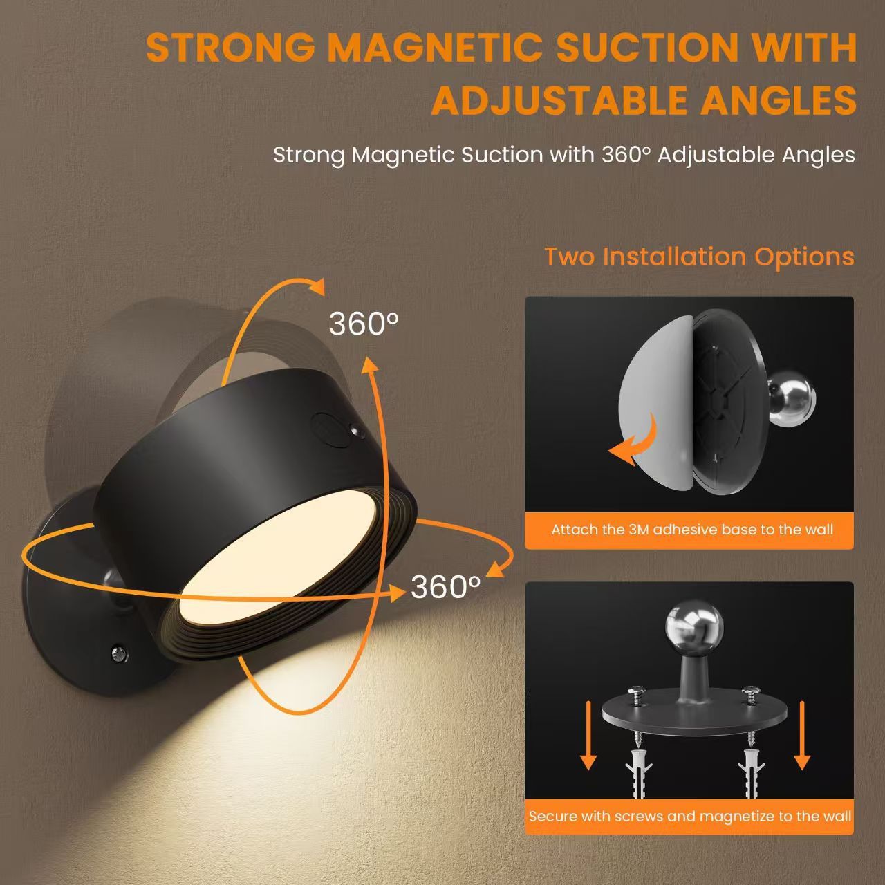 Magnetic RGB LED Wall Light Rechargeable Bedside Reading Lamp 360 degrees Adjustable Wall Sconce with Remote V888-ELOSUNG54252