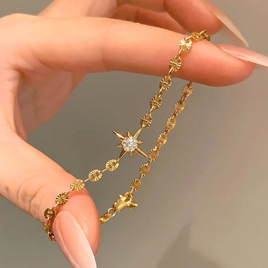 Gold Lucky Star Crystal Bracelet for Women Gold Plated Comet Star Charm Bracelet Delicate Everyday Jewellery V888-ELOSUNG54253